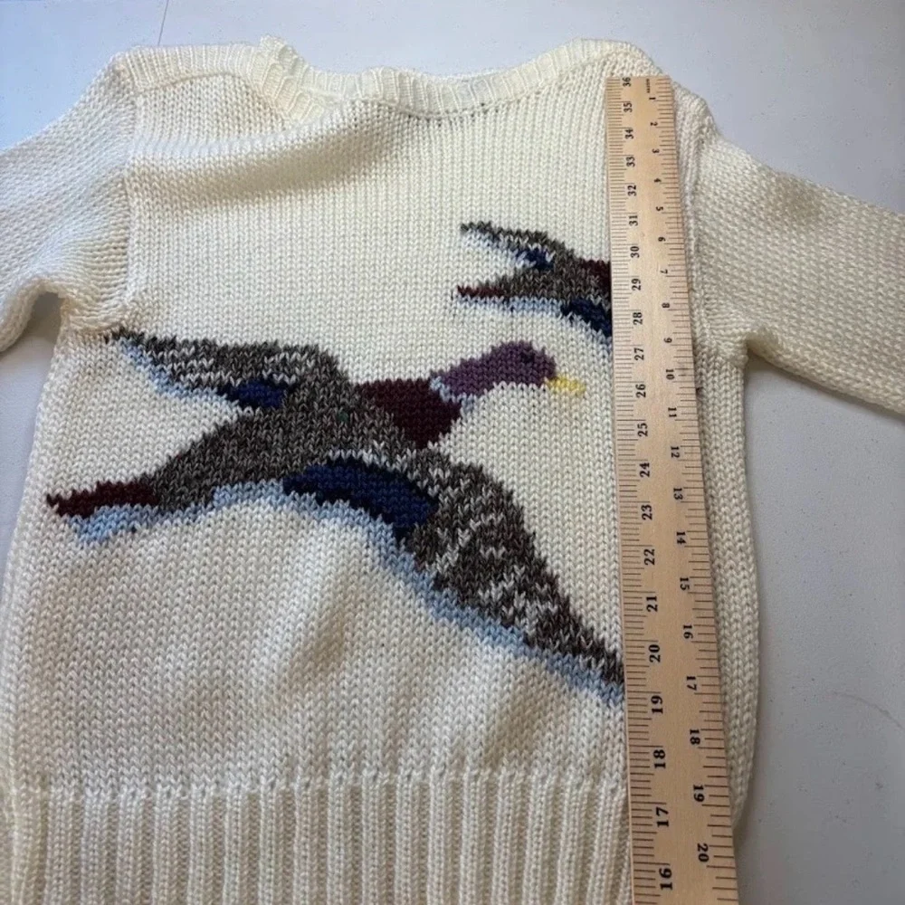 VTG 80s Women's Mallard Duck Boat Neck Sweater Cable Knit Sz M Ivory Pullover - Picture 9 of 10